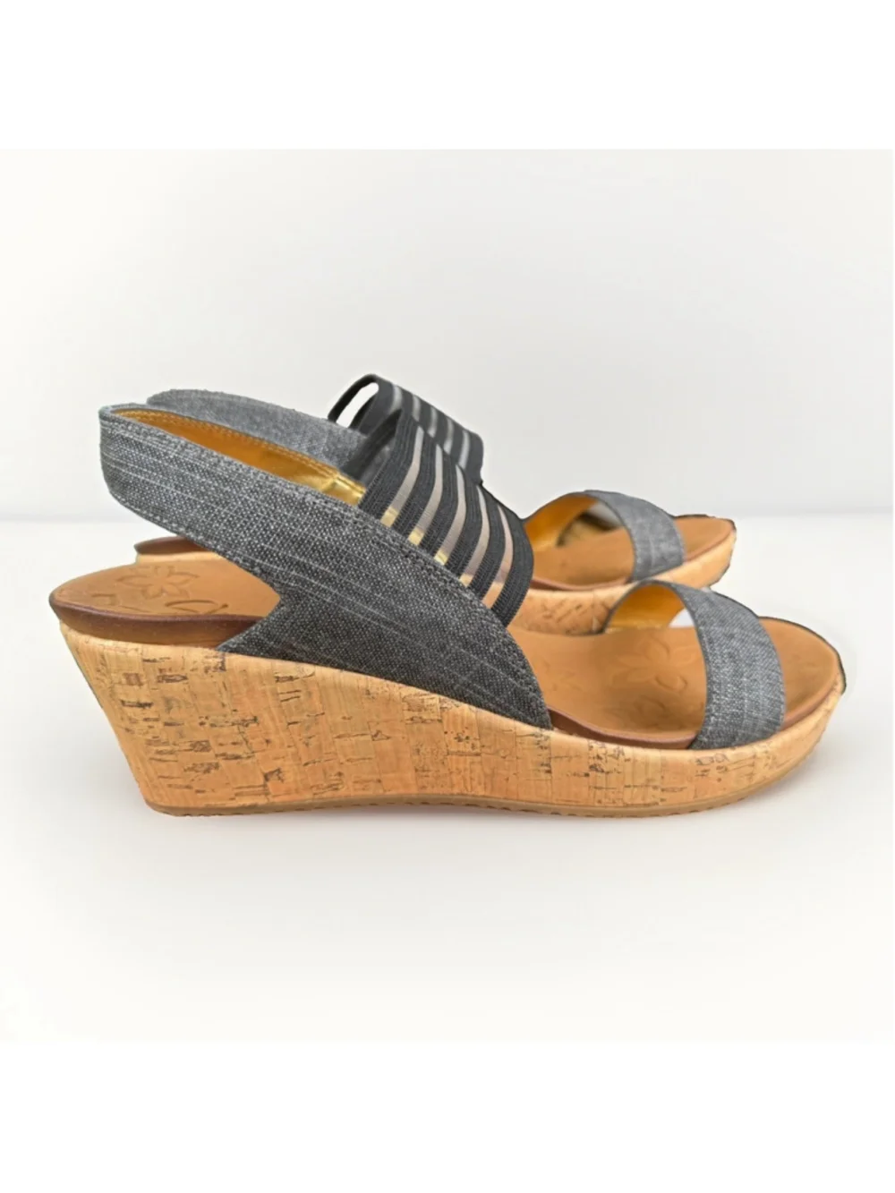 Skechers Womens Size 10 Sandals Wedge Heel Black Denim Cross Strap Luxe Foam